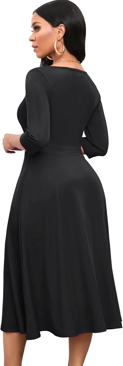 Nmoder Women's Casual Wrap Flared Midi Dress Wedding Guest Cocktail Tea Dresses A-Line Swing V-Neck 3/4 Sleeve