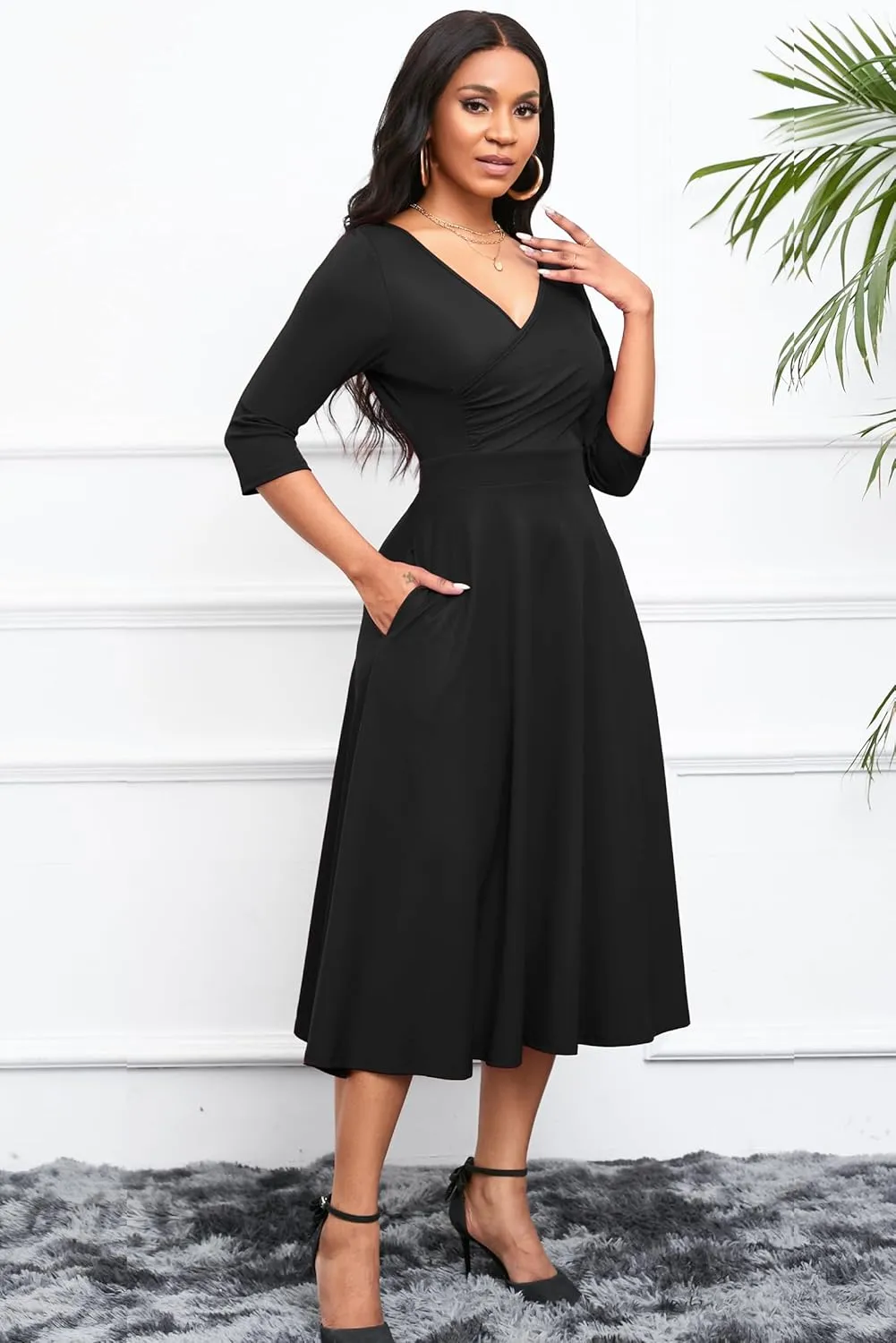 Nmoder Women's Casual Wrap Flared Midi Dress Wedding Guest Cocktail Tea Dresses A-Line Swing V-Neck 3/4 Sleeve