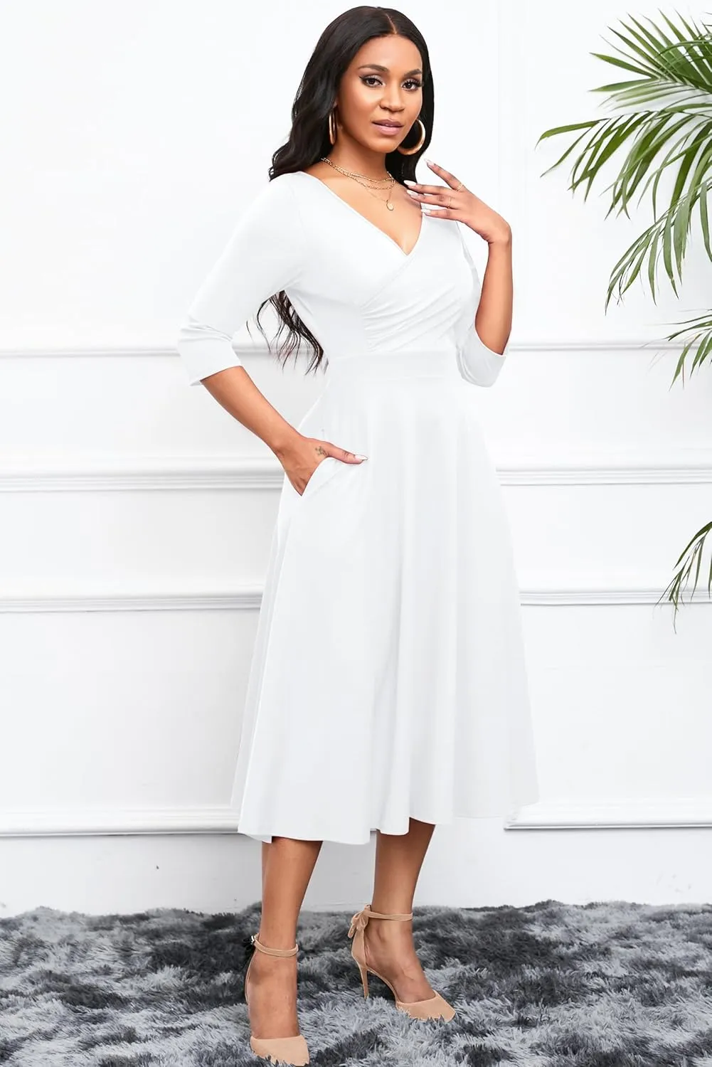 Nmoder Women's Casual Wrap Flared Midi Dress Wedding Guest Cocktail Tea Dresses A-Line Swing V-Neck 3/4 Sleeve