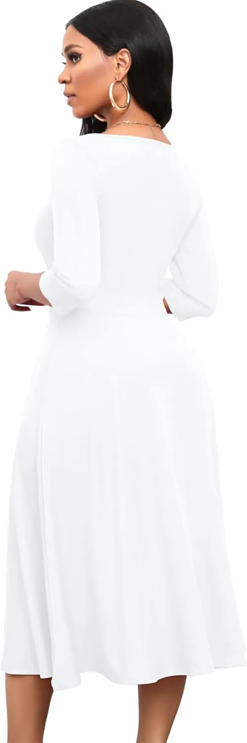 Nmoder Women's Casual Wrap Flared Midi Dress Wedding Guest Cocktail Tea Dresses A-Line Swing V-Neck 3/4 Sleeve
