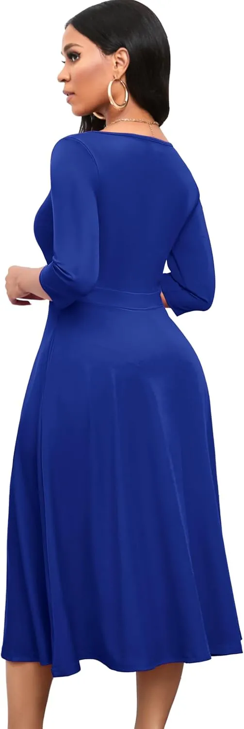 Nmoder Women's Casual Wrap Flared Midi Dress Wedding Guest Cocktail Tea Dresses A-Line Swing V-Neck 3/4 Sleeve