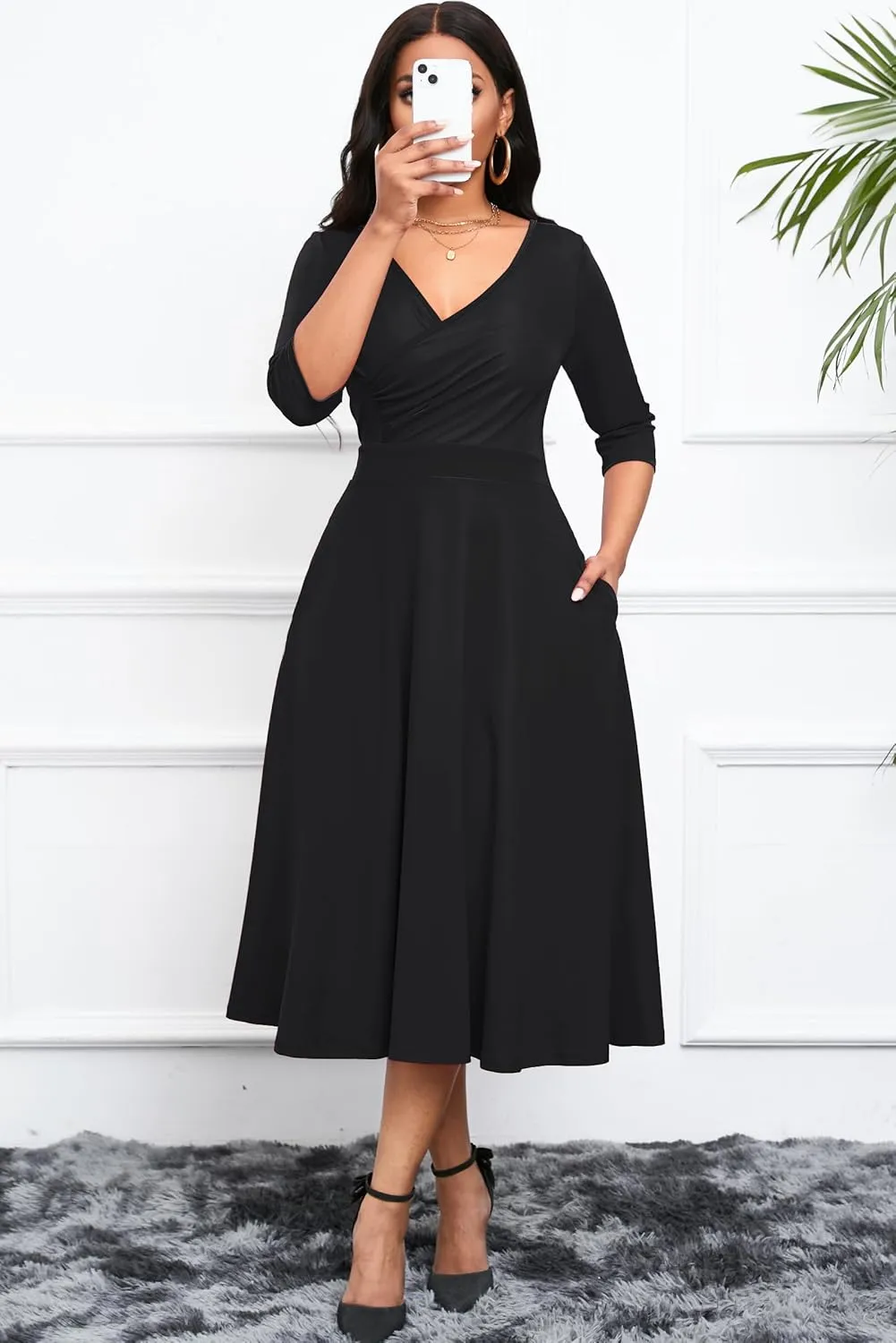 Nmoder Women's Casual Wrap Flared Midi Dress Wedding Guest Cocktail Tea Dresses A-Line Swing V-Neck 3/4 Sleeve