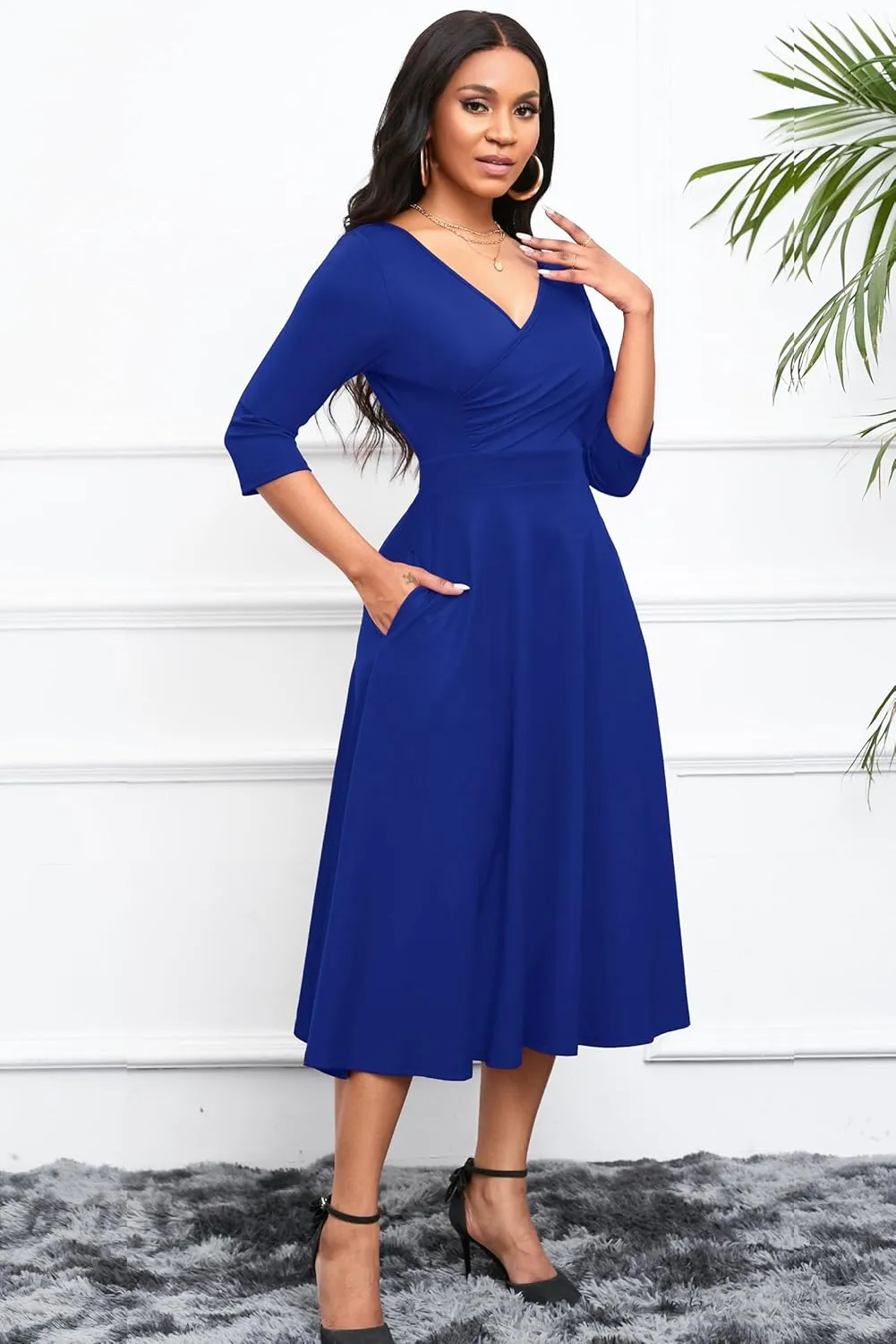 Nmoder Women's Casual Wrap Flared Midi Dress Wedding Guest Cocktail Tea Dresses A-Line Swing V-Neck 3/4 Sleeve