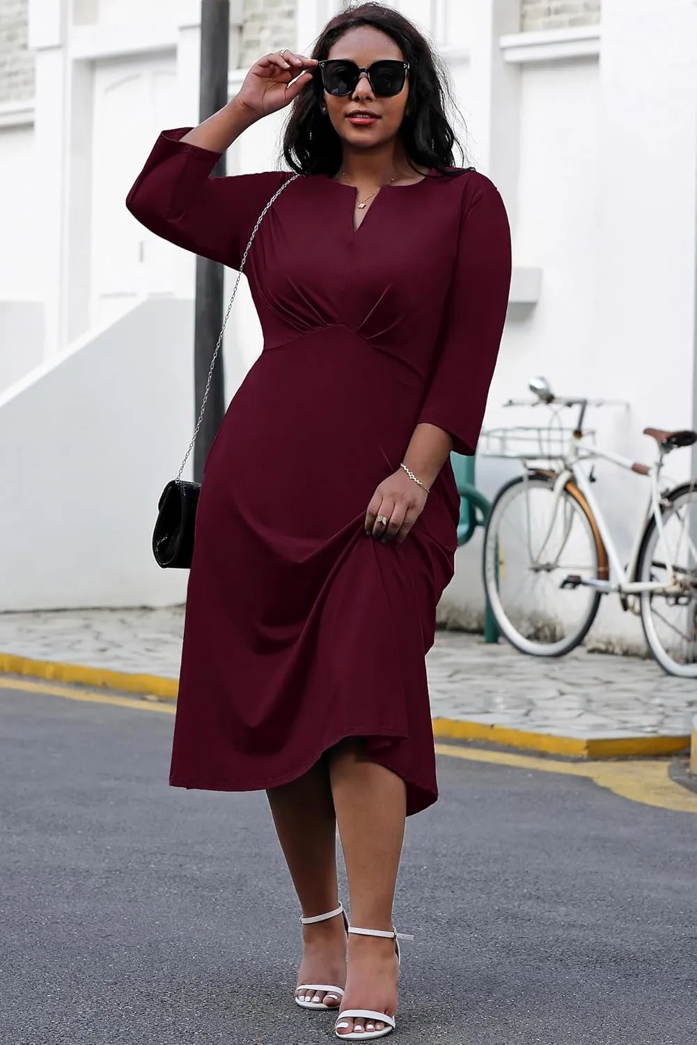 Nmoder Women's Plus Size Stretchy Flared Wrap Dress Casual Wedding Guest Midi Dresses V Neck 3/4 Sleeve A-Line Swing Dress