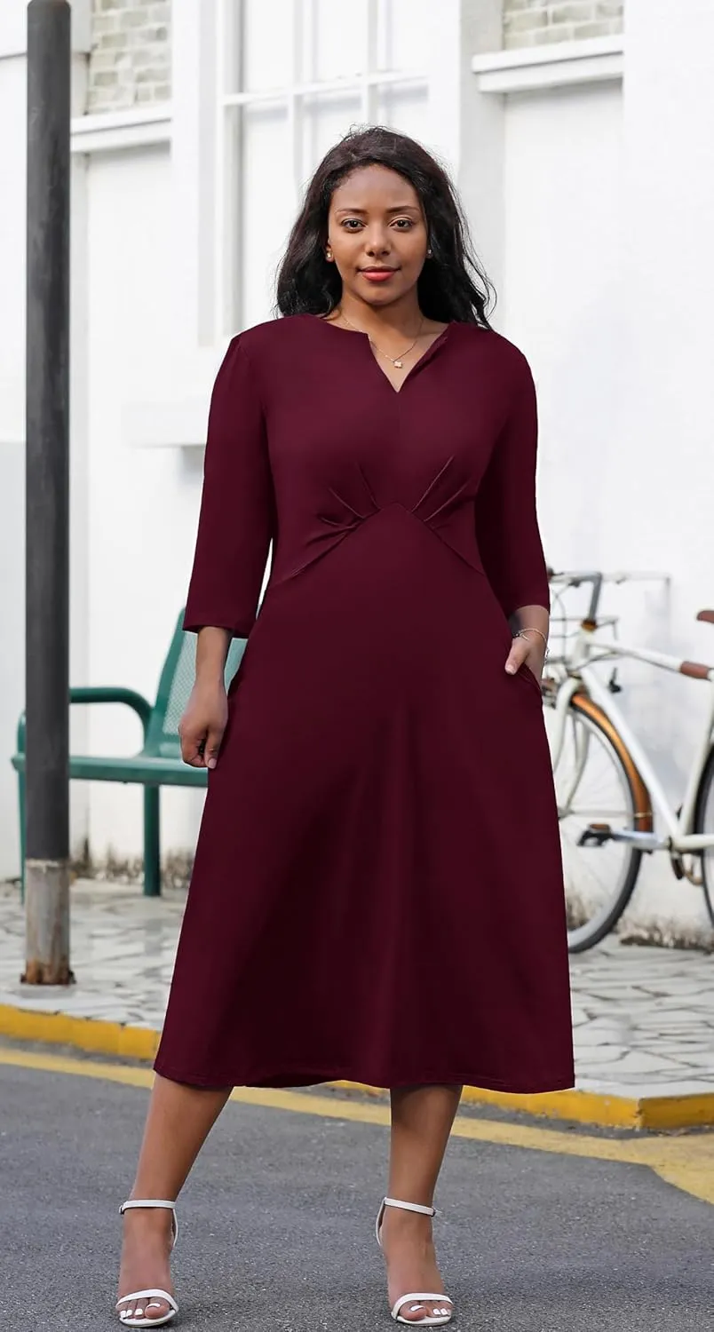 Nmoder Women's Plus Size Stretchy Flared Wrap Dress Casual Wedding Guest Midi Dresses V Neck 3/4 Sleeve A-Line Swing Dress