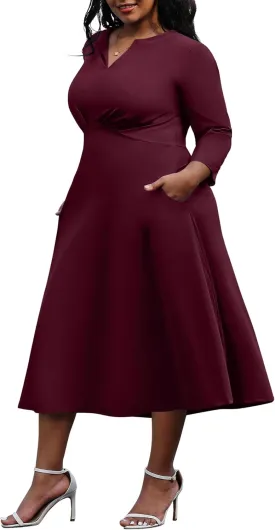 Nmoder Women's Plus Size Stretchy Flared Wrap Dress Casual Wedding Guest Midi Dresses V Neck 3/4 Sleeve A-Line Swing Dress