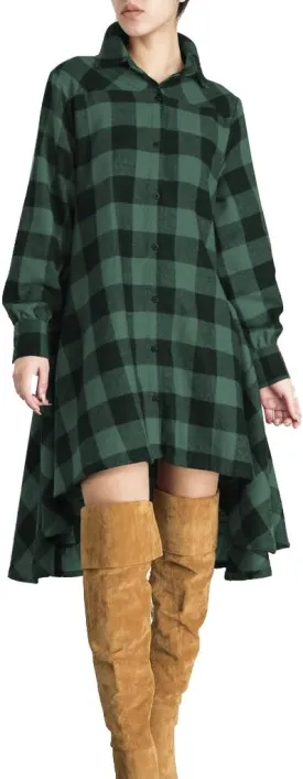 olrain Womens Plaids V Neck Long Sleeve Irregular Hem Casual Shirt Dress