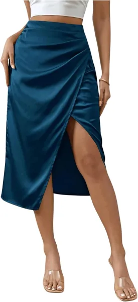 OYOANGLE Women's Elegant Satin Midi Skirt High Waist Ruched Wrap Skirts
