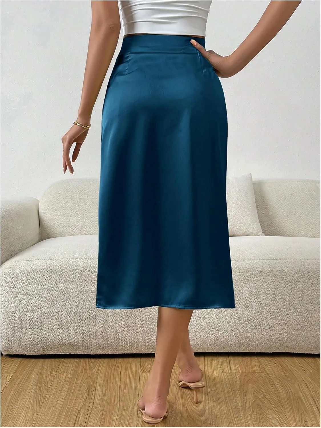OYOANGLE Women's Elegant Satin Midi Skirt High Waist Ruched Wrap Skirts