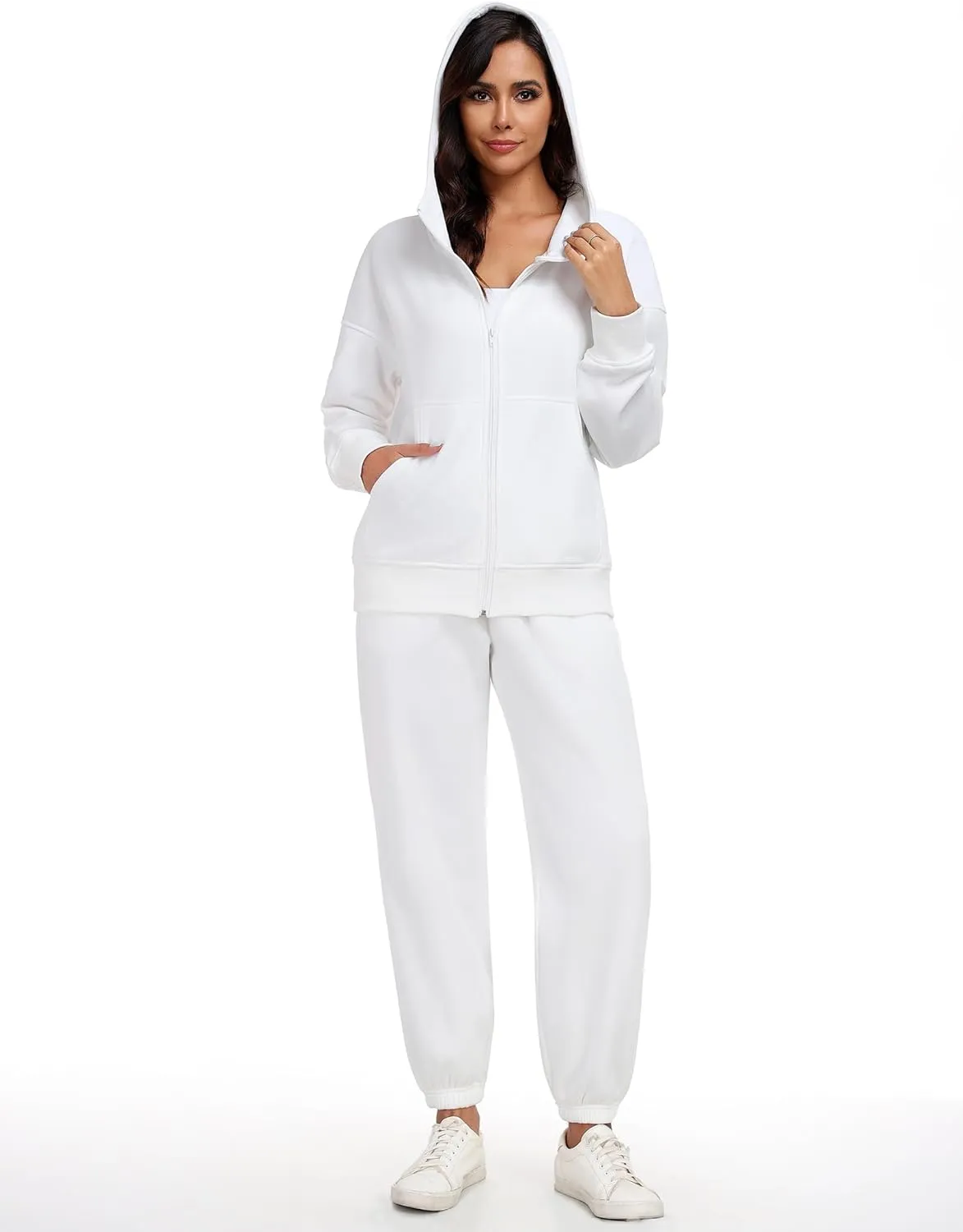 PINSPARK 2 Piece Sets for Women Fleece Sweatsuits Zip Up Hoodie Sweatshirts Drawstring Jogger Sweatpants With Pockets 2024