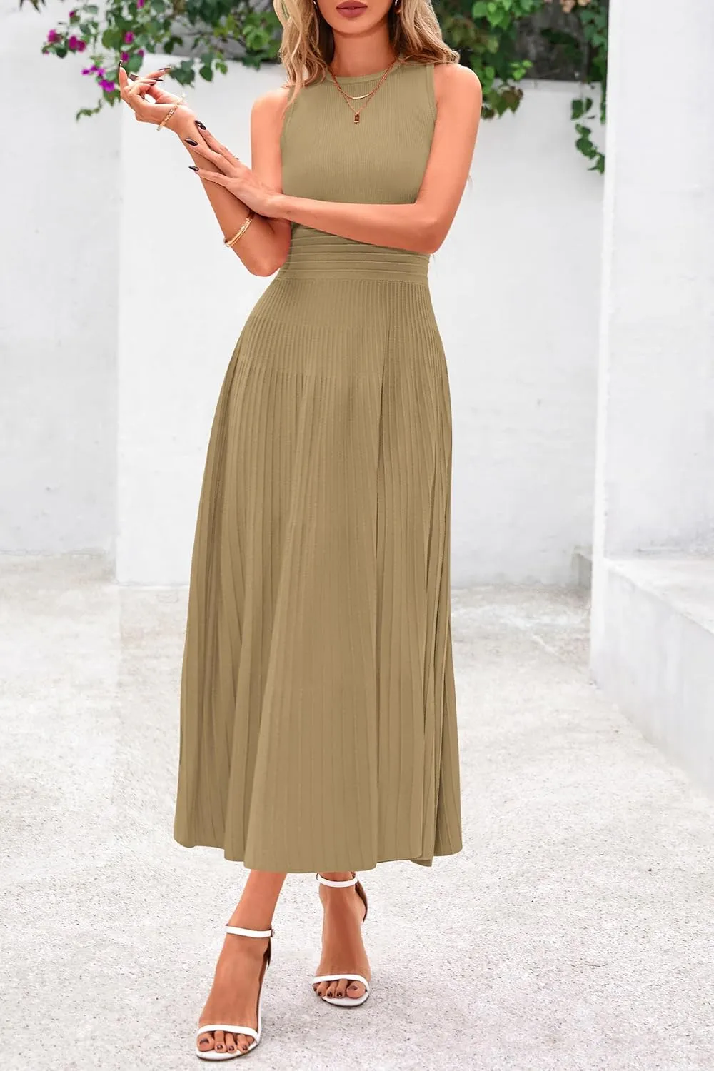 PRETTYGARDEN Spring Casual Dresses for Women 2025 Summer Business Work Midi Sleeveless A Line Pleated Cocktail Dress
