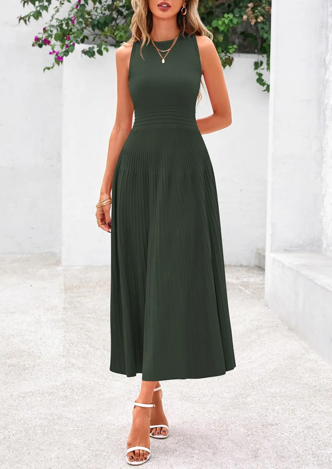 PRETTYGARDEN Spring Casual Dresses for Women 2025 Summer Business Work Midi Sleeveless A Line Pleated Cocktail Dress