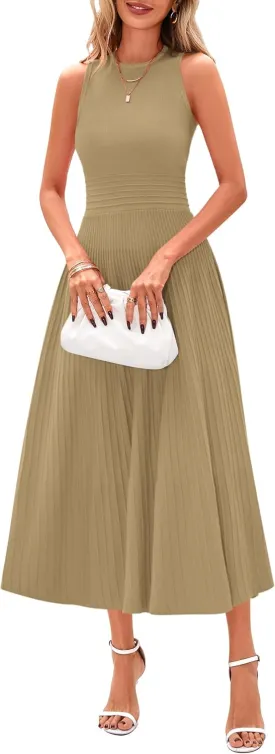 PRETTYGARDEN Spring Casual Dresses for Women 2025 Summer Business Work Midi Sleeveless A Line Pleated Cocktail Dress