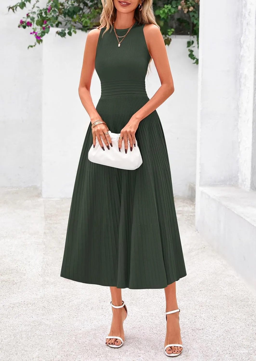 PRETTYGARDEN Spring Casual Dresses for Women 2025 Summer Business Work Midi Sleeveless A Line Pleated Cocktail Dress