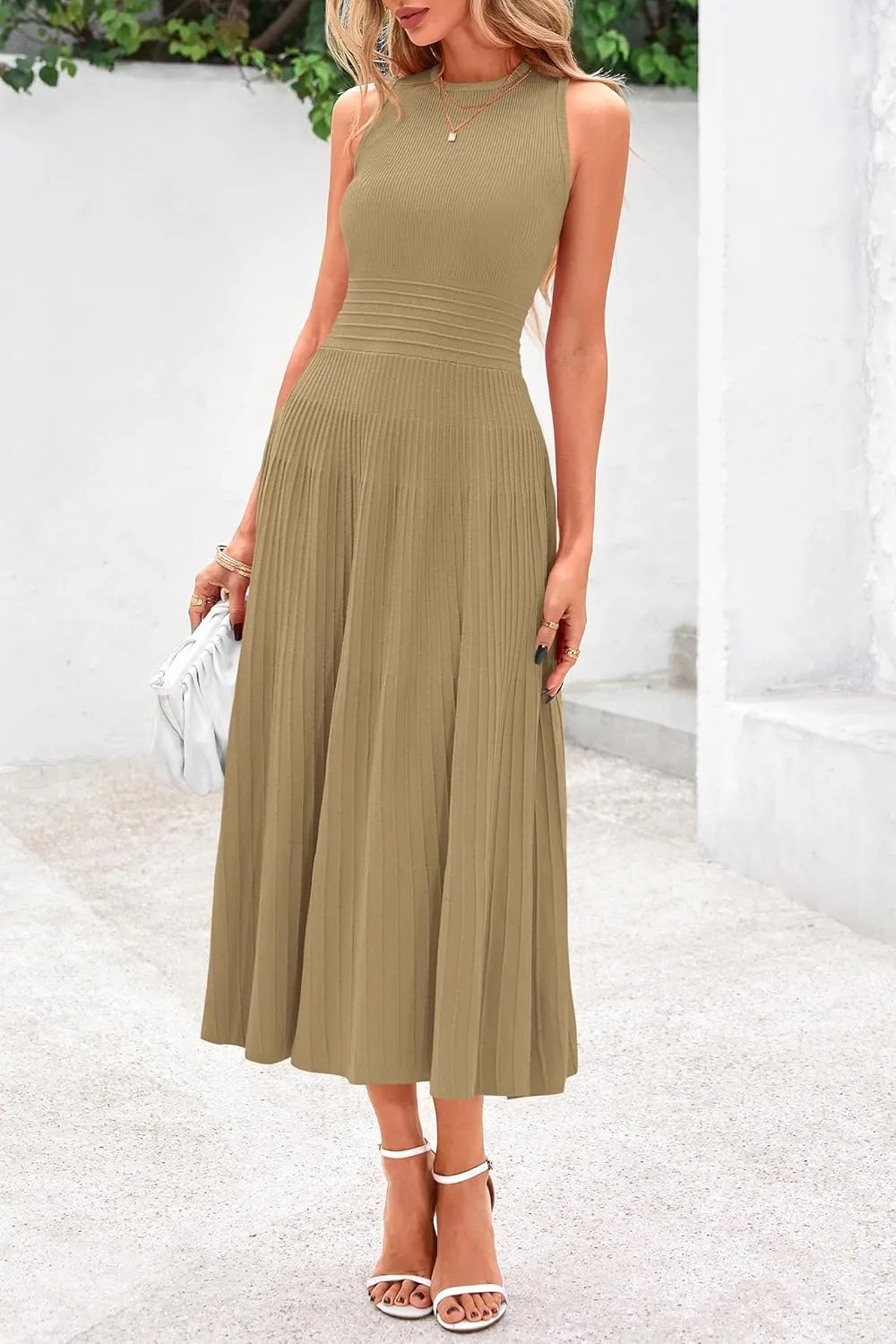 PRETTYGARDEN Spring Casual Dresses for Women 2025 Summer Business Work Midi Sleeveless A Line Pleated Cocktail Dress
