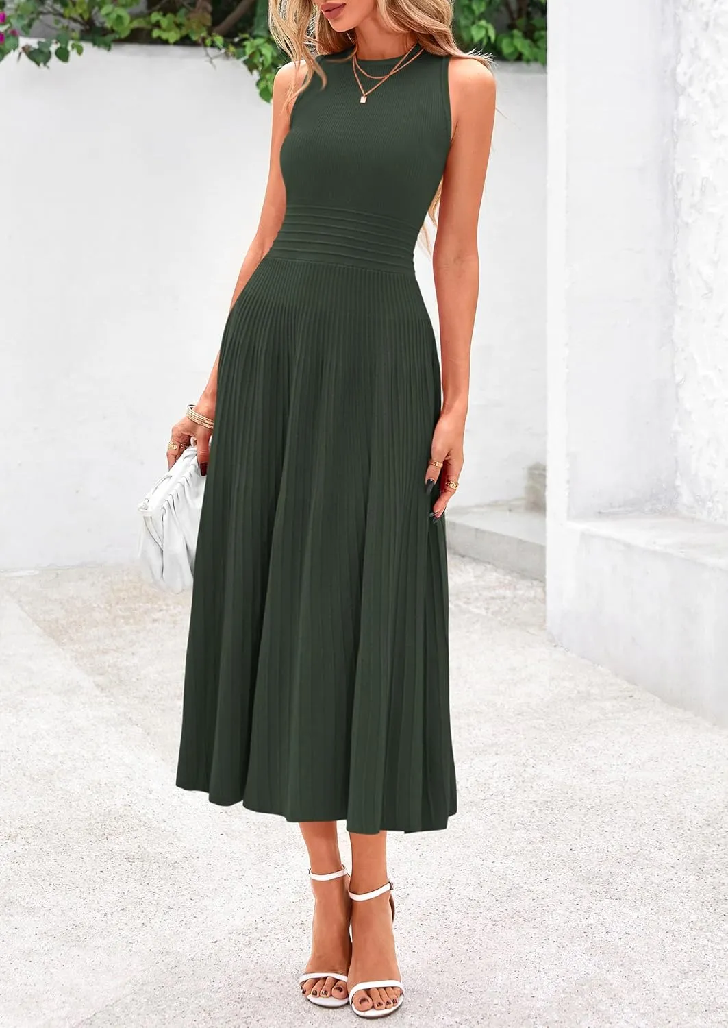 PRETTYGARDEN Spring Casual Dresses for Women 2025 Summer Business Work Midi Sleeveless A Line Pleated Cocktail Dress