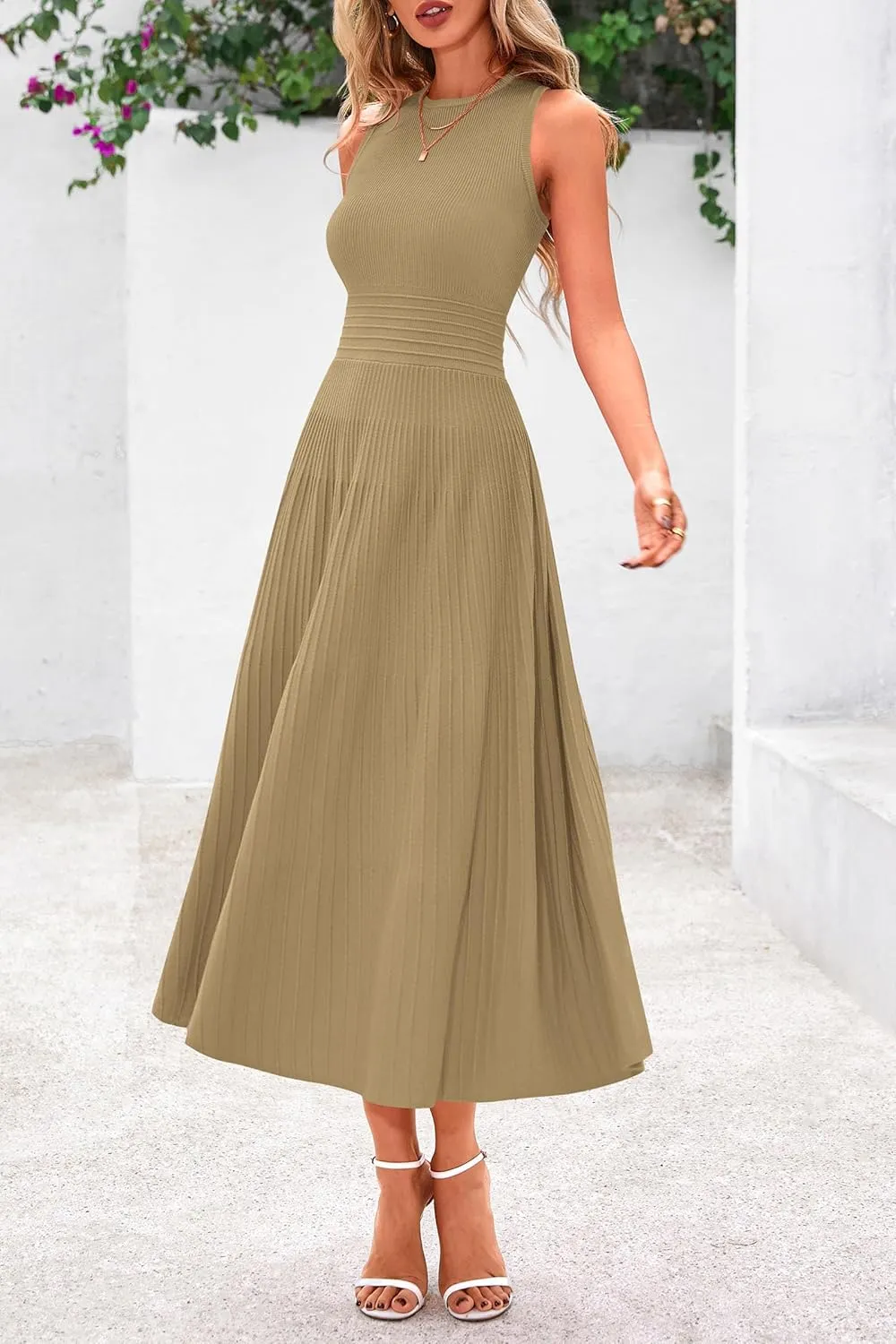 PRETTYGARDEN Spring Casual Dresses for Women 2025 Summer Business Work Midi Sleeveless A Line Pleated Cocktail Dress