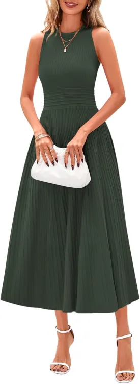 PRETTYGARDEN Spring Casual Dresses for Women 2025 Summer Business Work Midi Sleeveless A Line Pleated Cocktail Dress