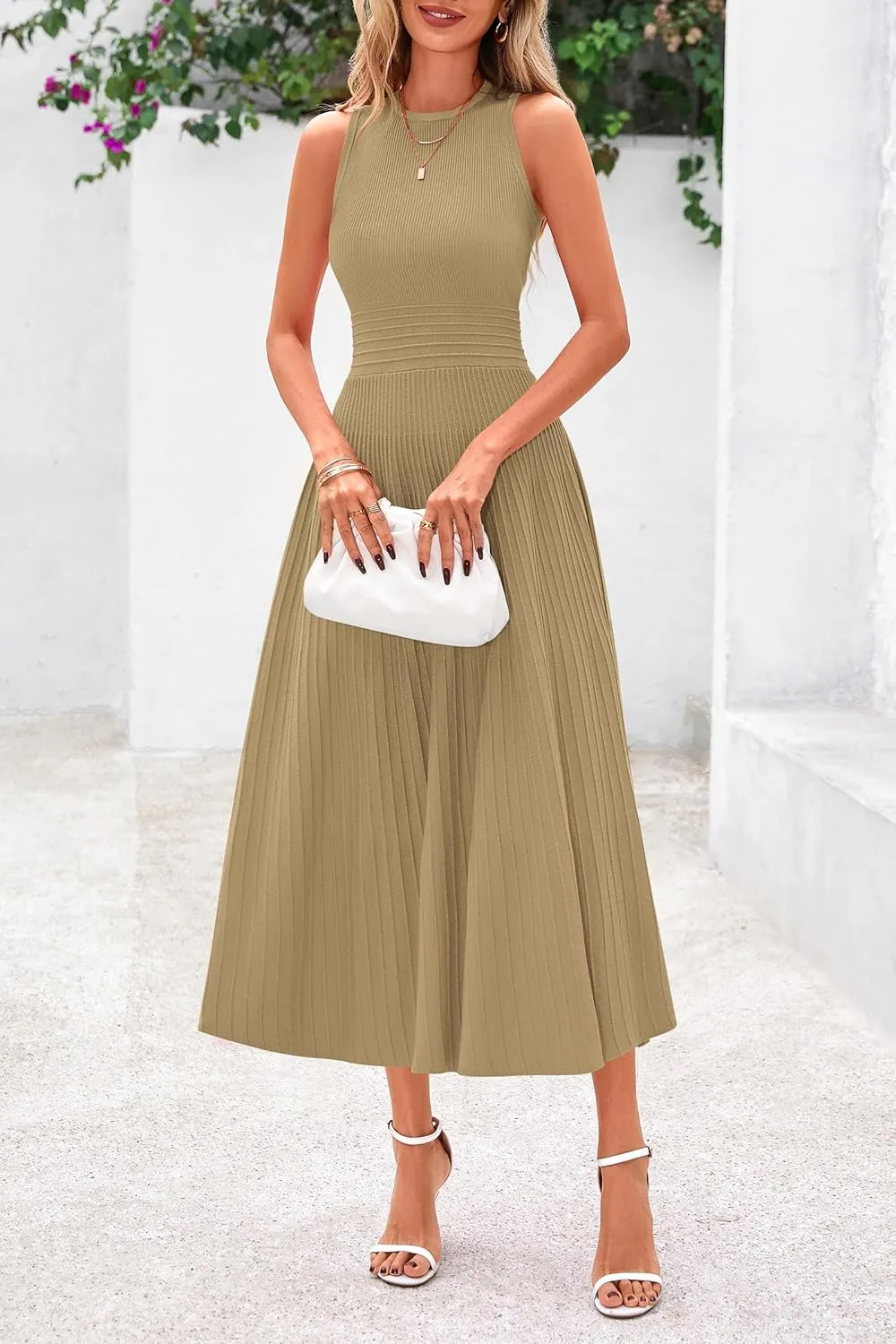 PRETTYGARDEN Spring Casual Dresses for Women 2025 Summer Business Work Midi Sleeveless A Line Pleated Cocktail Dress