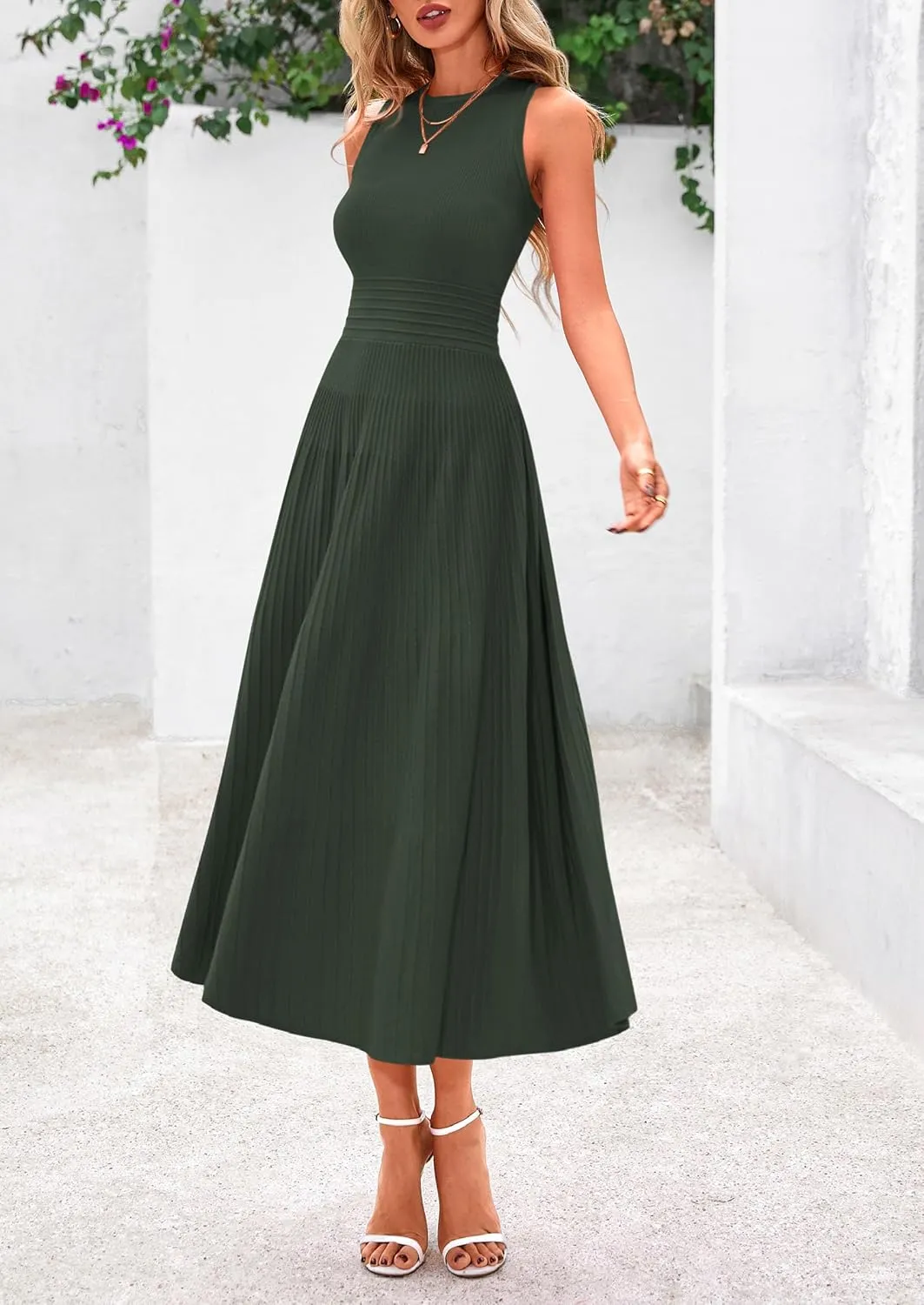 PRETTYGARDEN Spring Casual Dresses for Women 2025 Summer Business Work Midi Sleeveless A Line Pleated Cocktail Dress