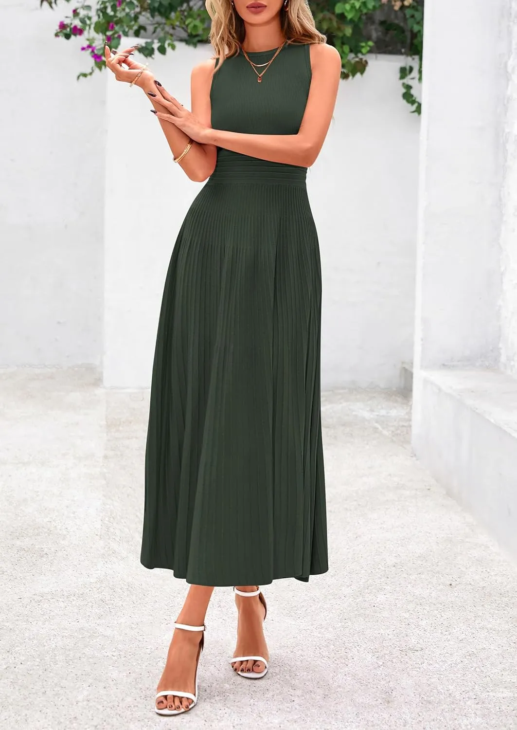 PRETTYGARDEN Spring Casual Dresses for Women 2025 Summer Business Work Midi Sleeveless A Line Pleated Cocktail Dress