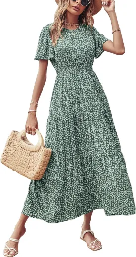 PRETTYGARDEN Women's Summer Casual Short Flutter Sleeve Round Neck Smocked Waist Tiered Boho Floral Flowy Maxi Dress