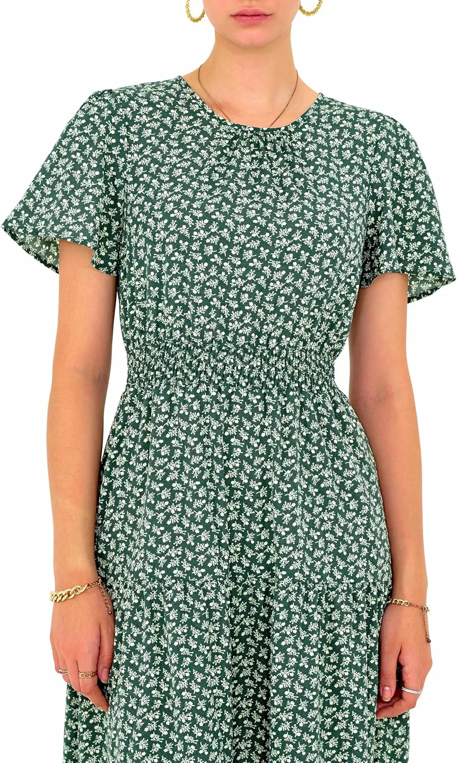 PRETTYGARDEN Women's Summer Casual Short Flutter Sleeve Round Neck Smocked Waist Tiered Boho Floral Flowy Maxi Dress
