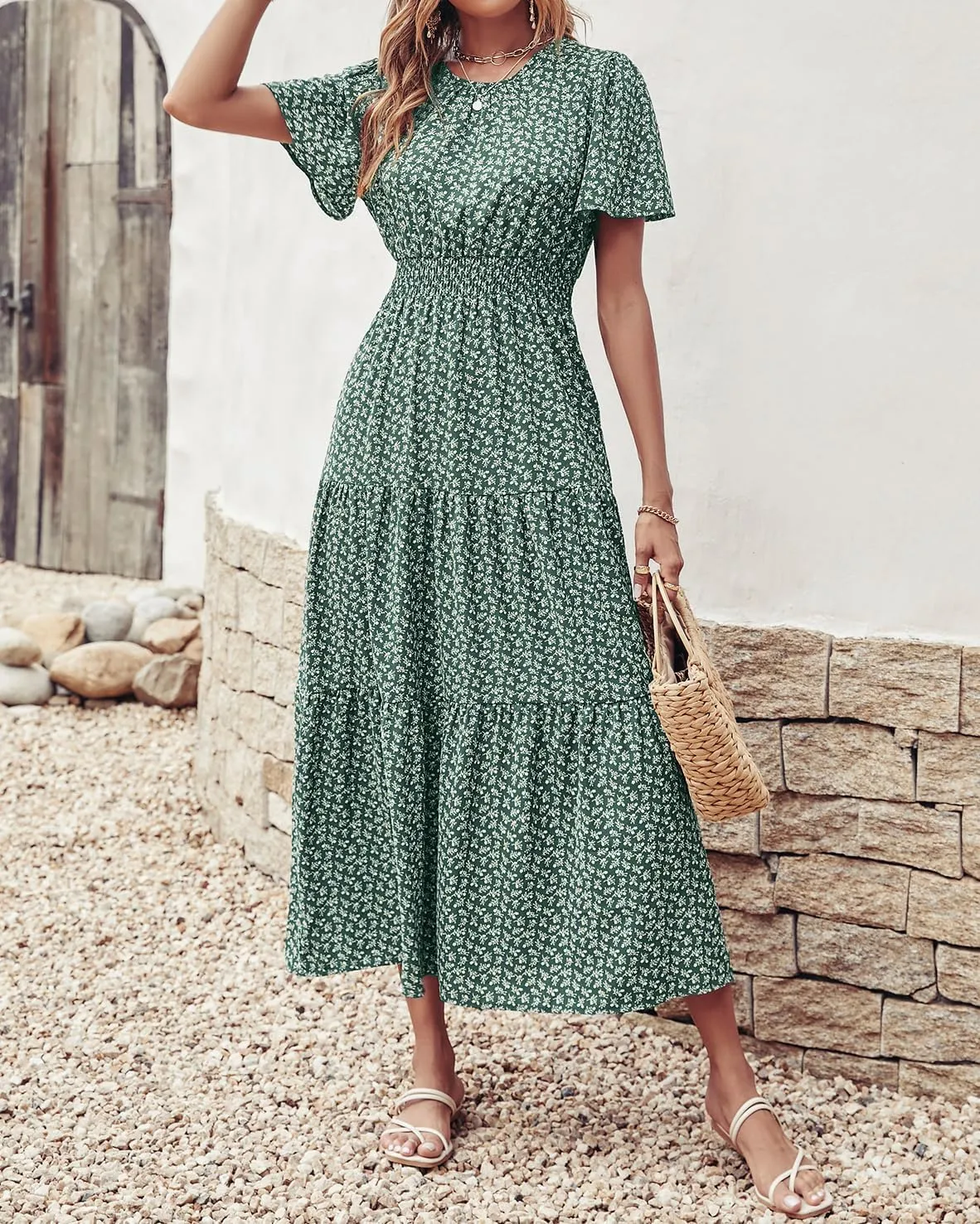 PRETTYGARDEN Women's Summer Casual Short Flutter Sleeve Round Neck Smocked Waist Tiered Boho Floral Flowy Maxi Dress