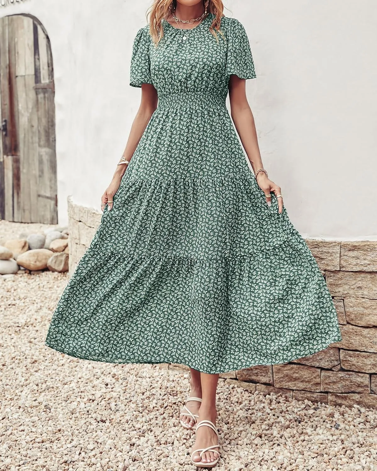 PRETTYGARDEN Women's Summer Casual Short Flutter Sleeve Round Neck Smocked Waist Tiered Boho Floral Flowy Maxi Dress