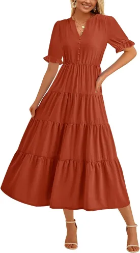 PRETTYGARDEN Women's Summer Casual Short Sleeve V Neck Midi Dresses 2025 Spring A-line Tiered Wedding Guest Dress