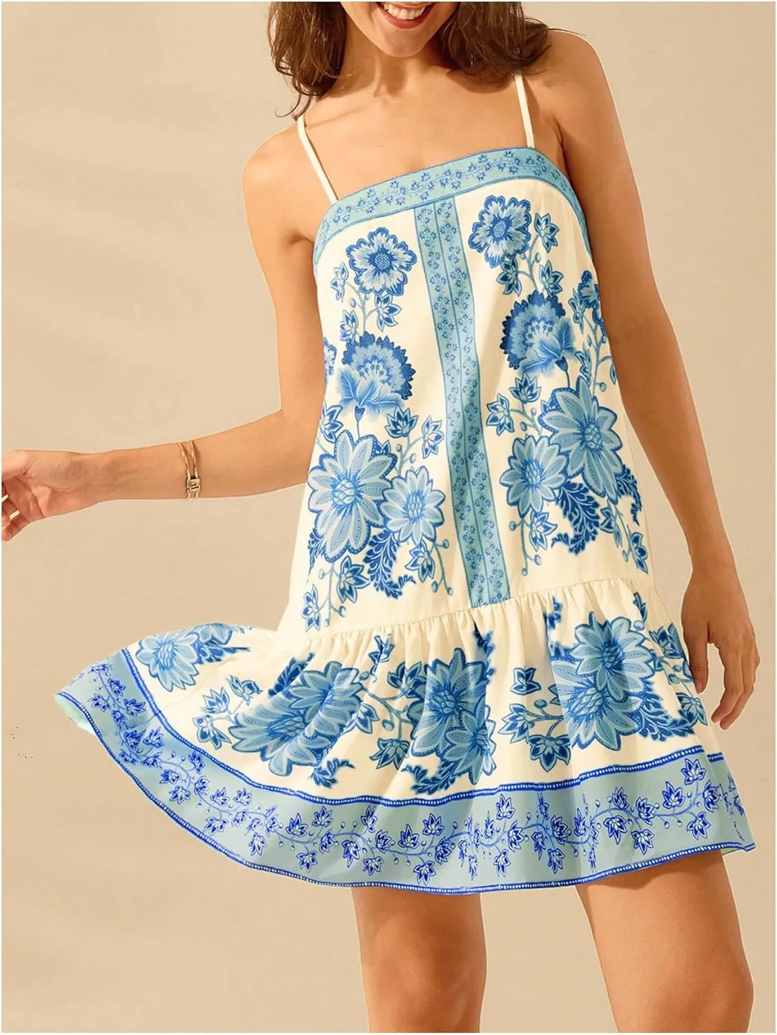 SHENHE Women's Floral Sundress Ruffle Hem Spaghetti Strap Loose Flowy Boho Cami Dress