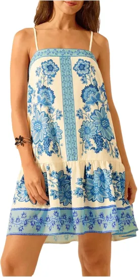 SHENHE Women's Floral Sundress Ruffle Hem Spaghetti Strap Loose Flowy Boho Cami Dress