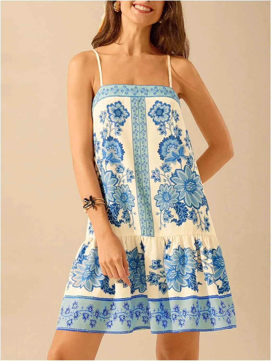 SHENHE Women's Floral Sundress Ruffle Hem Spaghetti Strap Loose Flowy Boho Cami Dress