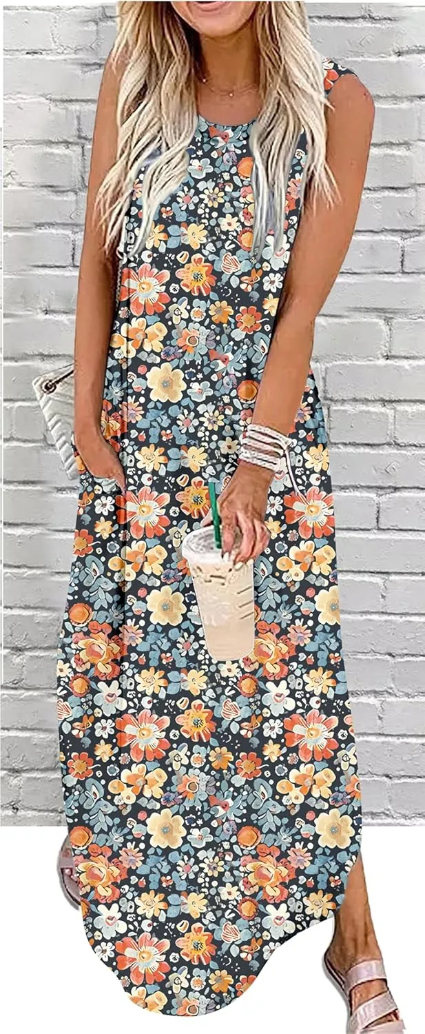 Summer Dresses for Women 2025 Beach Vacation Dress Boho Floral Sundresses Ladies Tropical Pockets Maxi Dress