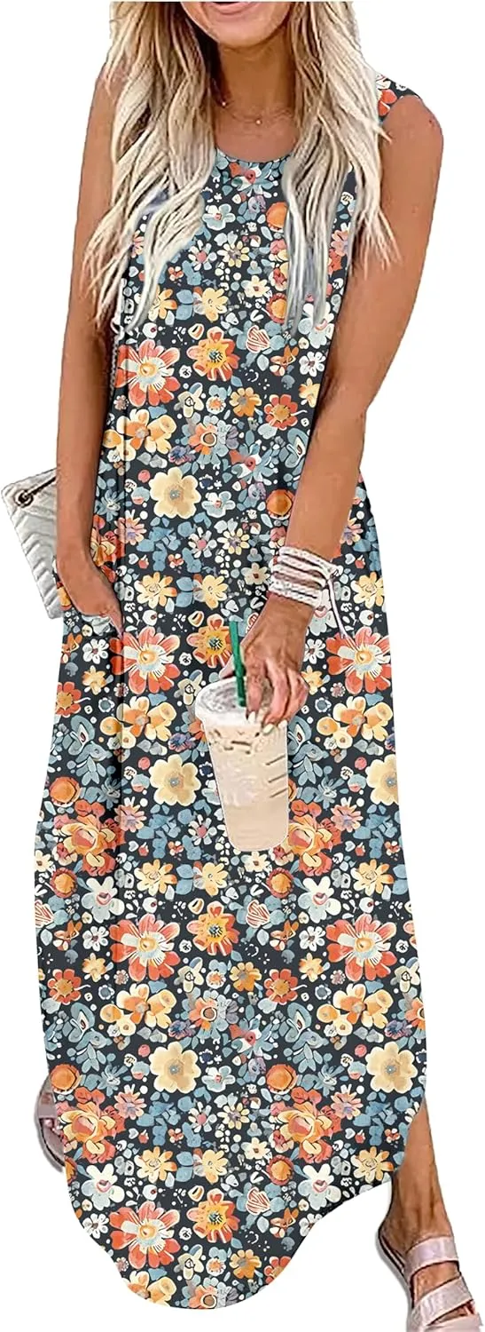 Summer Dresses for Women 2025 Beach Vacation Dress Boho Floral Sundresses Ladies Tropical Pockets Maxi Dress