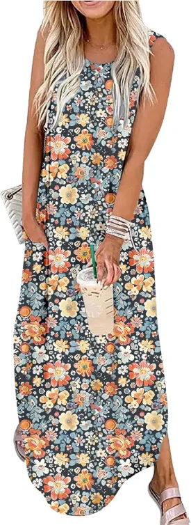 Summer Dresses for Women 2025 Beach Vacation Dress Boho Floral Sundresses Ladies Tropical Pockets Maxi Dress