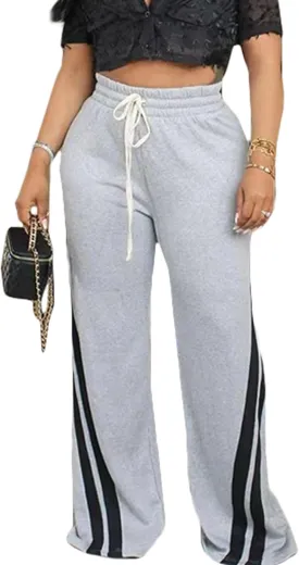 Voghtic Wide Leg Sweatpants Women Striped Drawstring Hight Waisted Loose Casual Pants Lounge Baggy Jogger Track Trousers