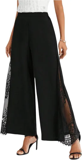 WDIRARA Women's Flowy Split Side Sheer Lace Wide Leg Flare Palazzo Pants
