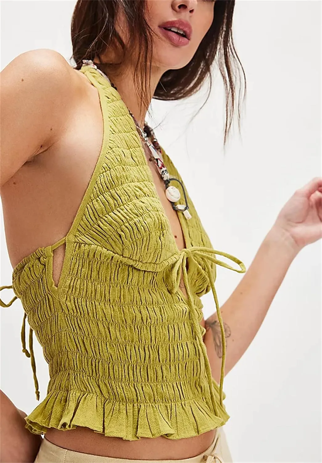 Women Shirred Smocked Halter Tops Tie Front Ruffle Hem Backless Cami Tops Sexy Summer Shirt Vacation Beachwear