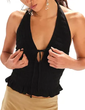Women Shirred Smocked Halter Tops Tie Front Ruffle Hem Backless Cami Tops Sexy Summer Shirt Vacation Beachwear