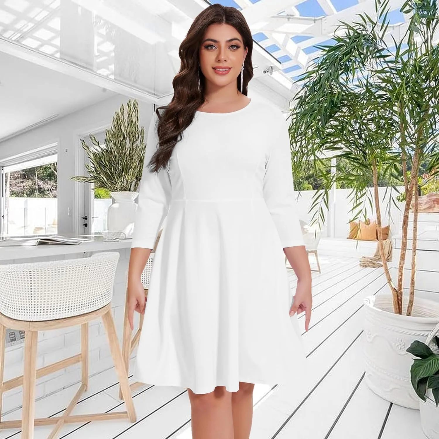 Women's Casual 2025 Fall Flowy Trendy Maxi Dress Crew Neck Draped Loose Swing Pleated Dresses with Pockets