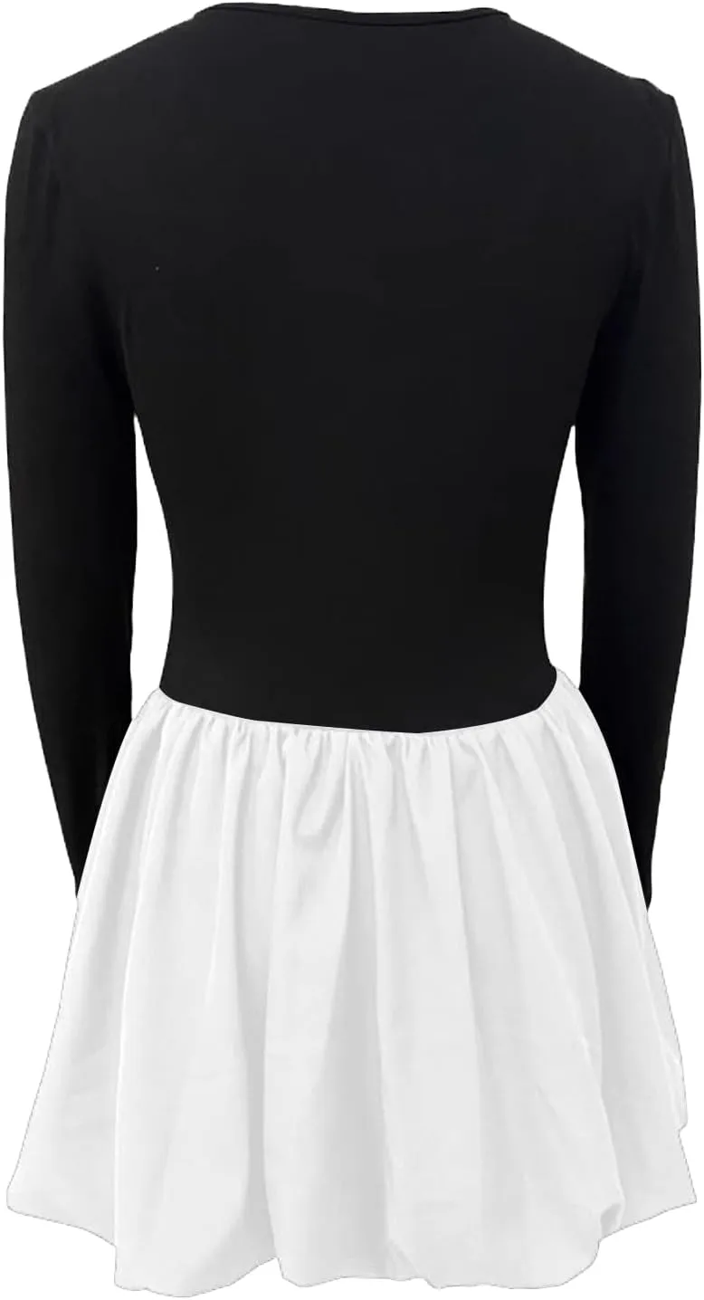 Womens Mini Bubble Dress Elegant Classy a Line Bodycon Sexy Square Neck Long Sleeve Holiday Party Cocktail Dresses