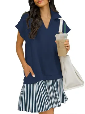 Women's V Neck Short Sleeve Summer Dress Patchwork Cap Sleeve Casual Loose Fit Pleated Striped Shirt Dress with Pockets