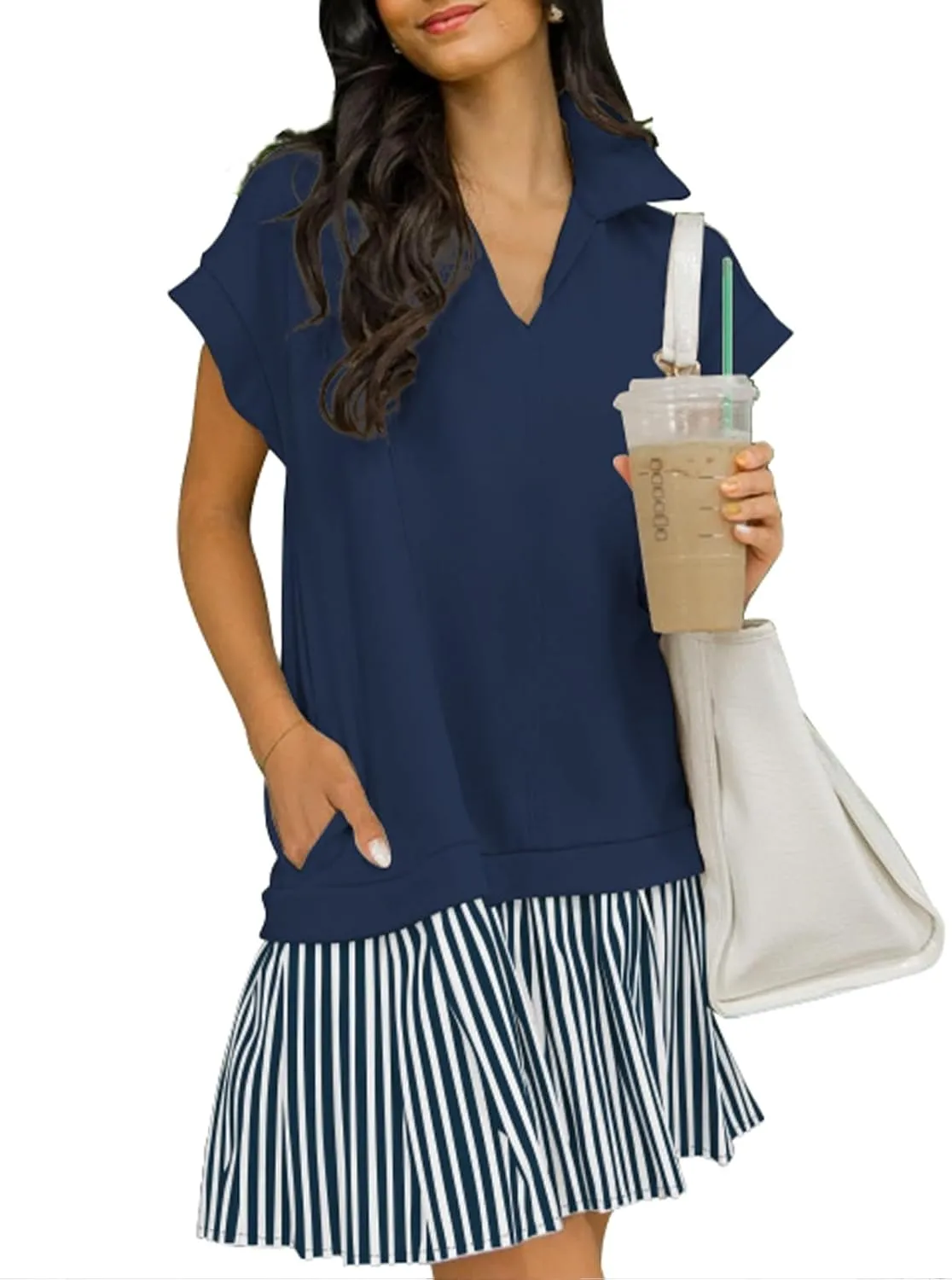 Women's V Neck Short Sleeve Summer Dress Patchwork Cap Sleeve Casual Loose Fit Pleated Striped Shirt Dress with Pockets