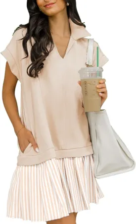 Women's V Neck Short Sleeve Summer Dress Patchwork Cap Sleeve Casual Loose Fit Pleated Striped Shirt Dress with Pockets