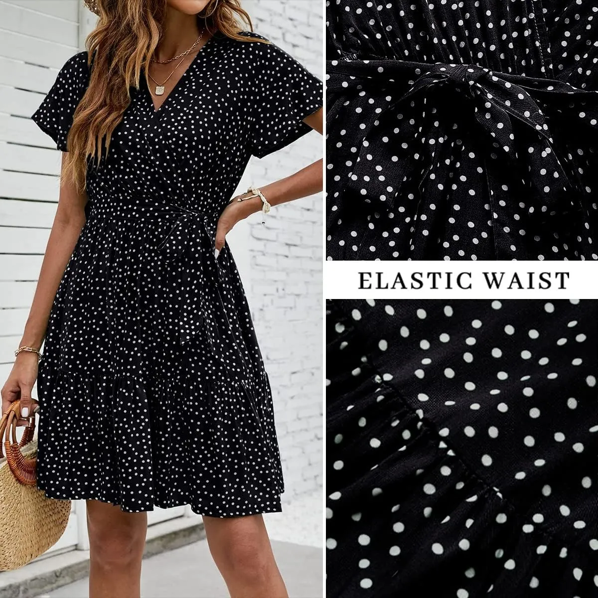 ZESICA Women's Summer Wrap V Neck Bohemian Floral Print Ruffle Swing A Line Beach Mini Dress