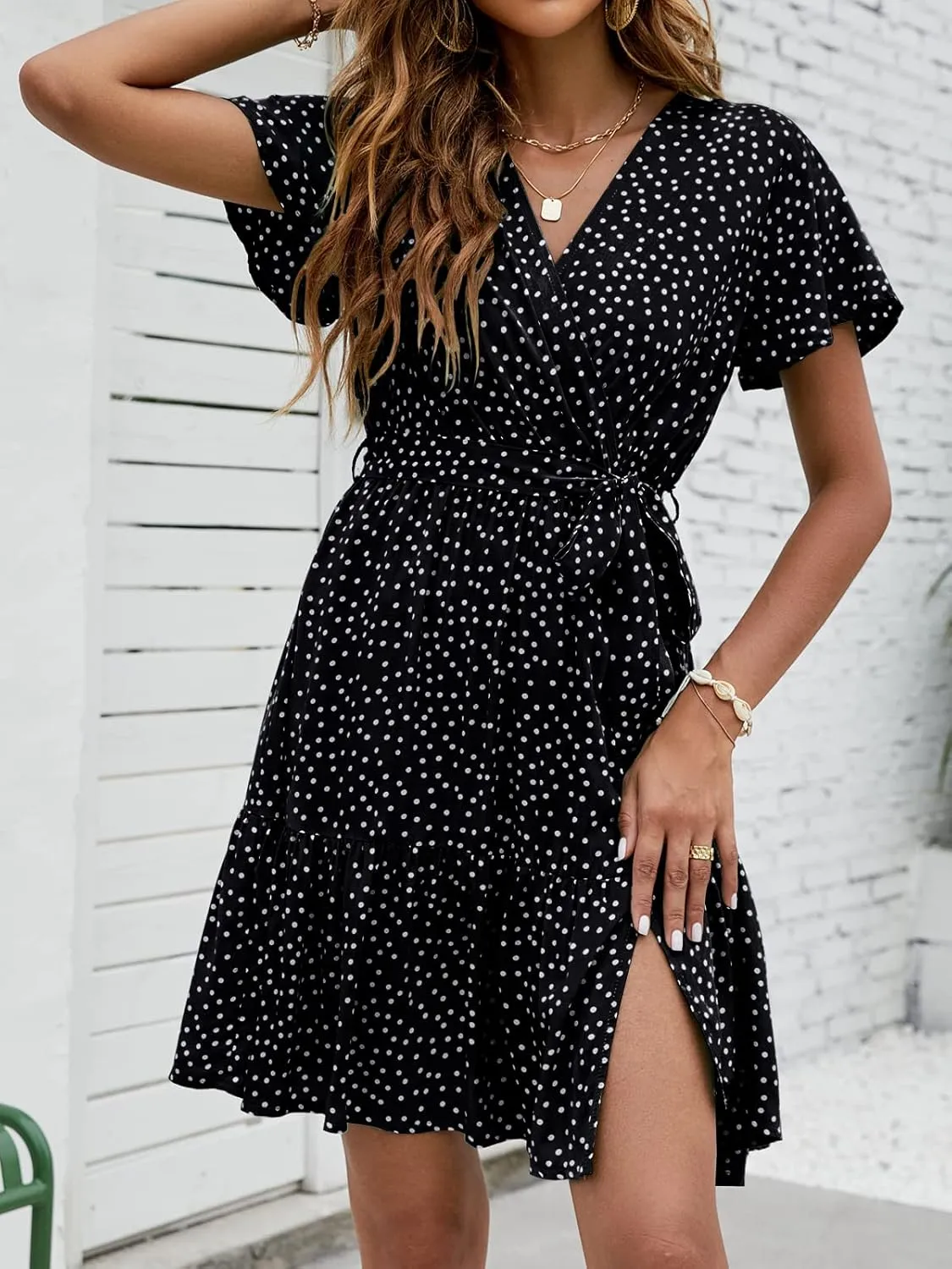 ZESICA Women's Summer Wrap V Neck Bohemian Floral Print Ruffle Swing A Line Beach Mini Dress