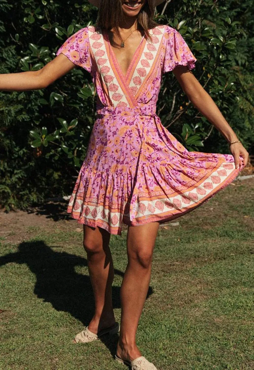 ZESICA Women's Summer Wrap V Neck Bohemian Floral Print Ruffle Swing A Line Beach Mini Dress