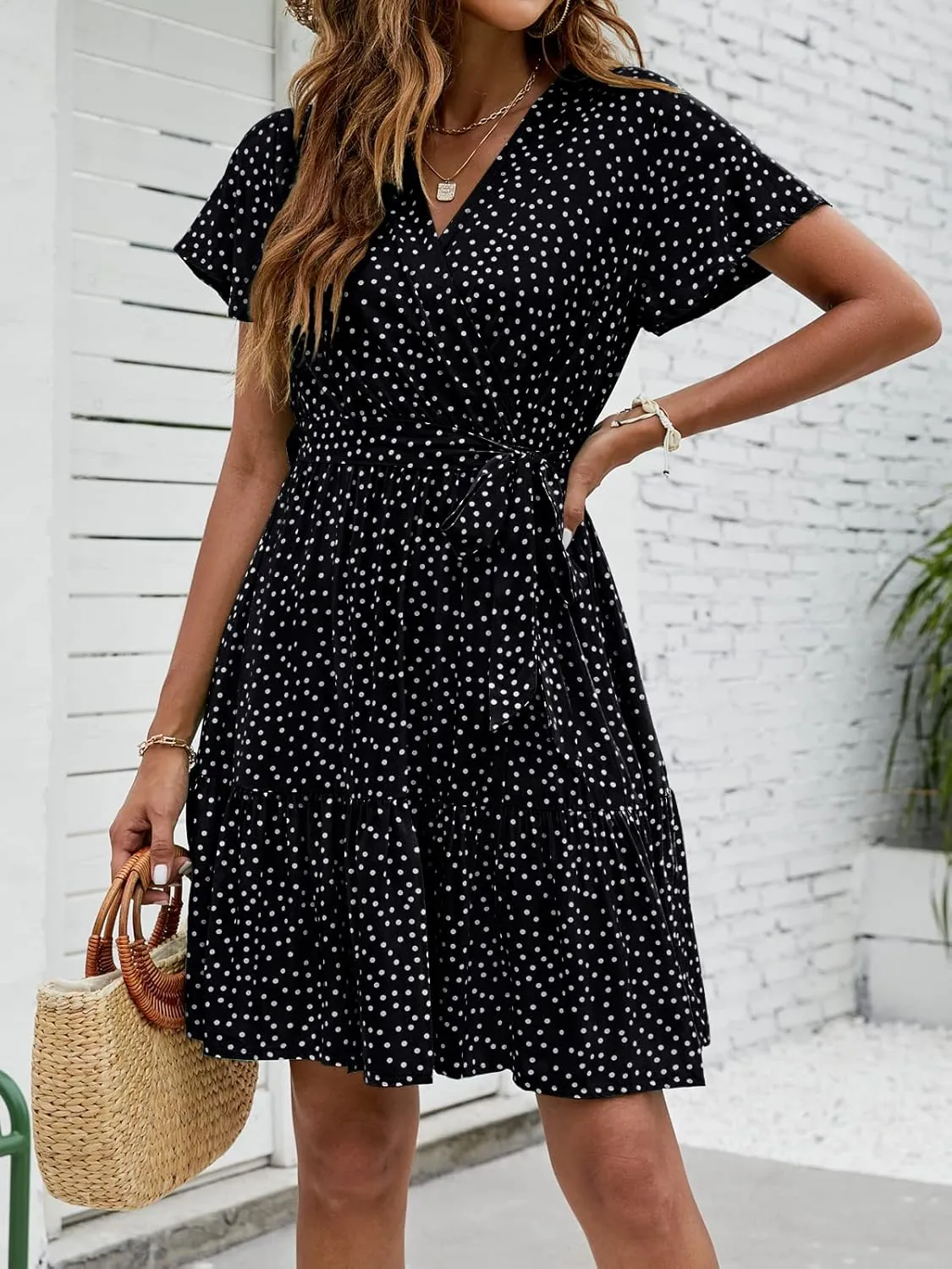 ZESICA Women's Summer Wrap V Neck Bohemian Floral Print Ruffle Swing A Line Beach Mini Dress