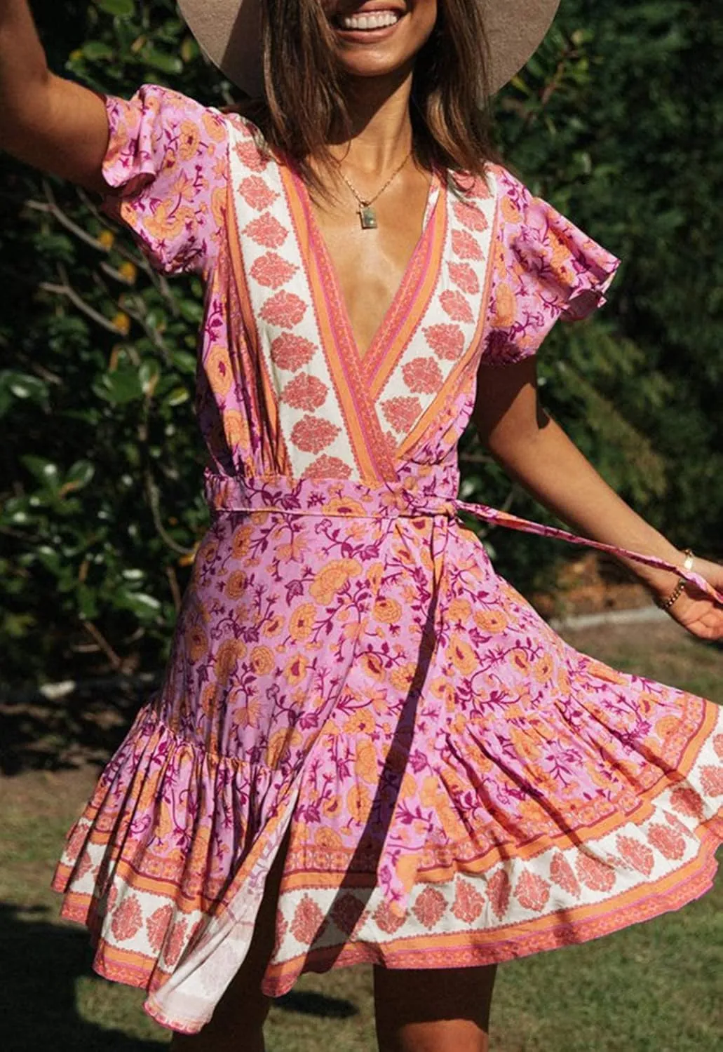 ZESICA Women's Summer Wrap V Neck Bohemian Floral Print Ruffle Swing A Line Beach Mini Dress